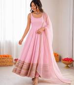 baby pink crep coding dori with moti work anarkali suit