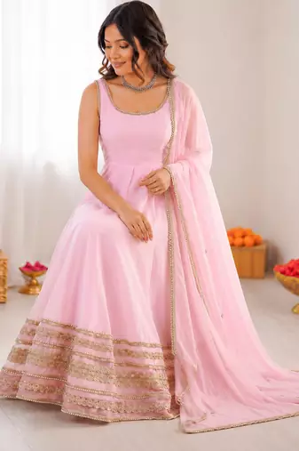 baby pink crep coding dori with moti work anarkali suit