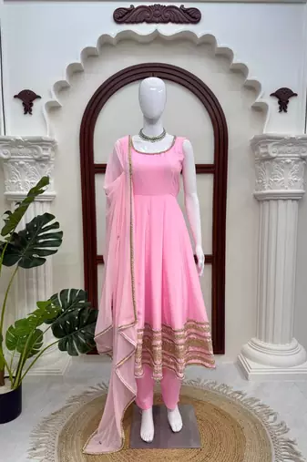 baby pink crep coding dori with moti work anarkali suit