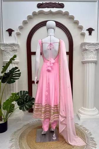 baby pink crep coding dori with moti work anarkali suit