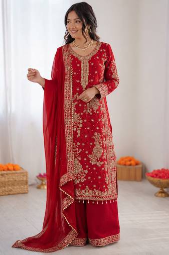 red  silk blend thread with sequence plazzo suit