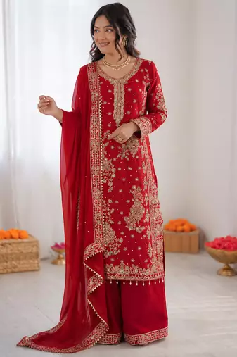red  silk blend thread with sequence plazzo suit