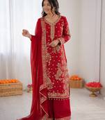 red  silk blend thread with sequence plazzo suit