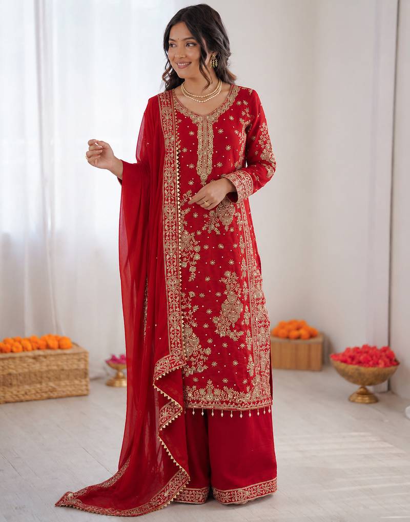 red  silk blend thread with sequence plazzo suit