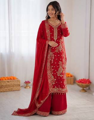 red  silk blend thread with sequence plazzo suit 2