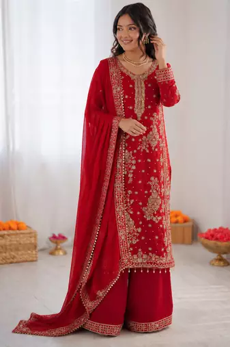 red  silk blend thread with sequence plazzo suit