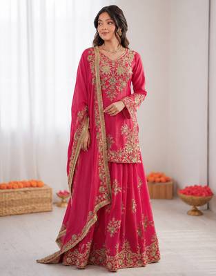 pink  silk blend thread with sequence plazzo suit 1