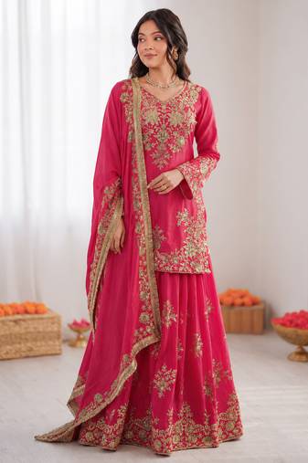 pink  silk blend thread with sequence plazzo suit