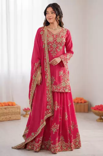 pink  silk blend thread with sequence plazzo suit
