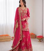 pink  silk blend thread with sequence plazzo suit