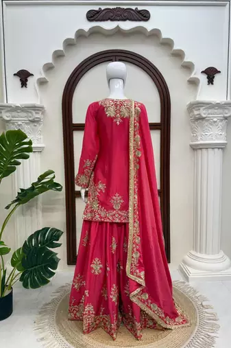 pink  silk blend thread with sequence plazzo suit
