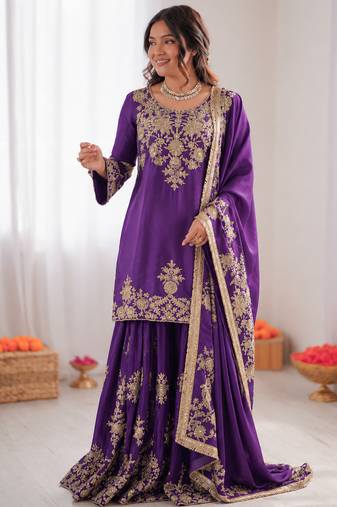 violet  silk blend thread with sequence plazzo suit