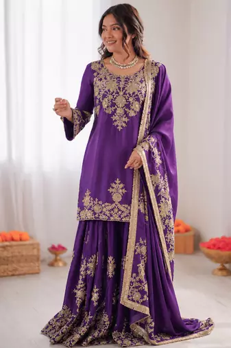 violet  silk blend thread with sequence plazzo suit