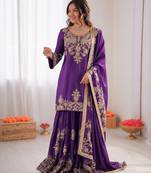 violet  silk blend thread with sequence plazzo suit