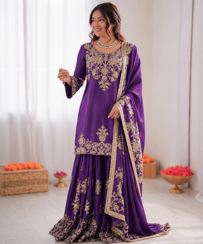 violet  silk blend thread with sequence plazzo suit