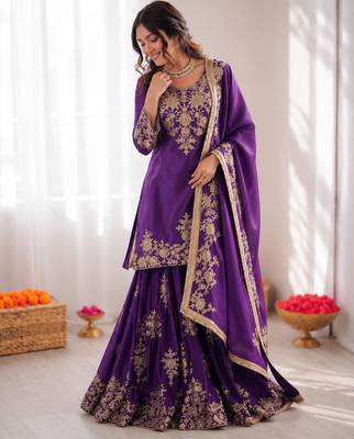 violet  silk blend thread with sequence plazzo suit 2