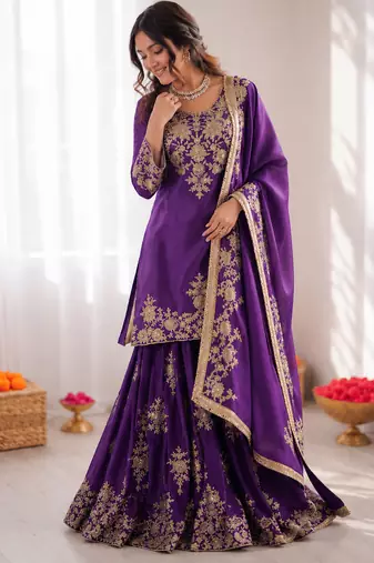 violet  silk blend thread with sequence plazzo suit