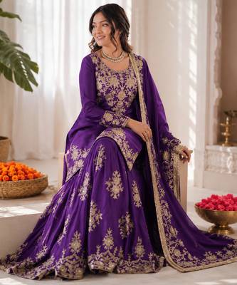 violet  silk blend thread with sequence plazzo suit 3