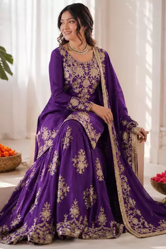 violet  silk blend thread with sequence plazzo suit
