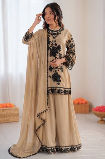 beige georgette thread with sequence plazzo suit