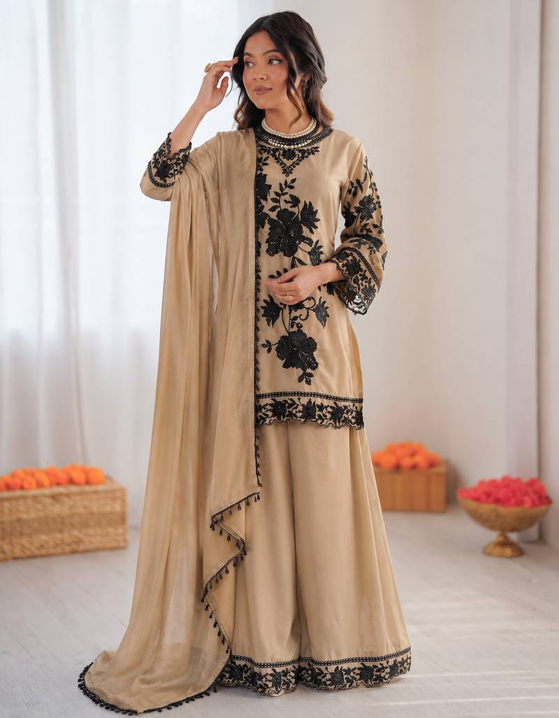 beige georgette thread with sequence plazzo suit