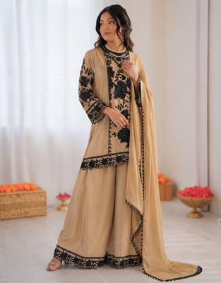 beige georgette thread with sequence plazzo suit 2
