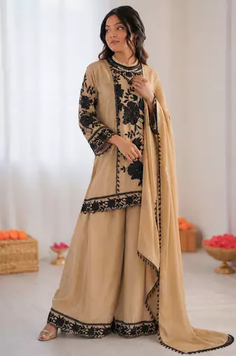 beige georgette thread with sequence plazzo suit