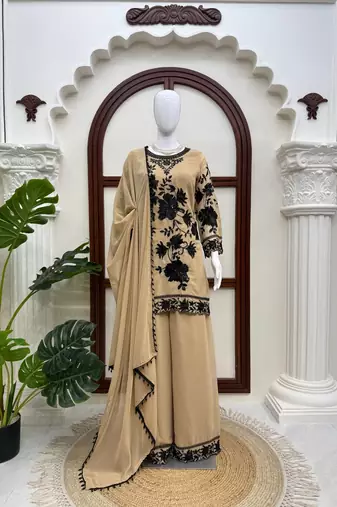 beige georgette thread with sequence plazzo suit