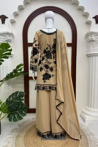 beige georgette thread with sequence plazzo suit