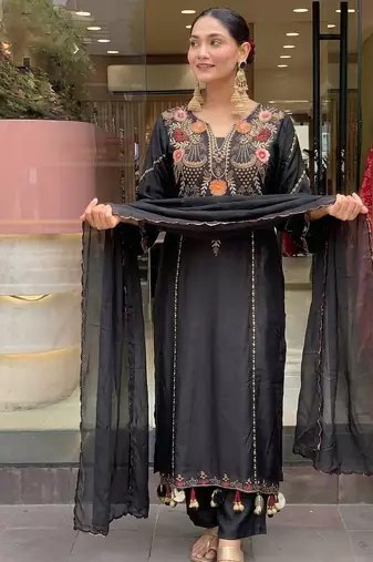 Designer black floral embroidered kurta palazzo set for women