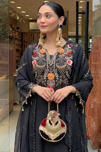 Designer black floral embroidered kurta palazzo set for women