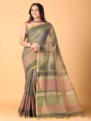 Grey handblock printed saree with blouse 1