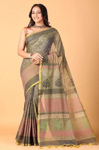 Grey handblock printed saree with blouse