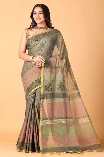 Grey handblock printed saree with blouse