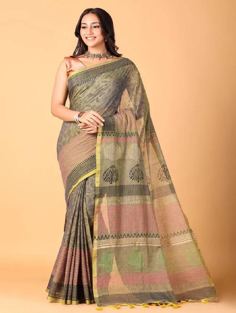 Grey handblock printed saree with blouse