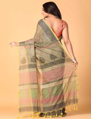 Grey handblock printed saree with blouse 2