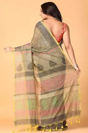 Grey handblock printed saree with blouse