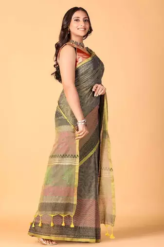 Grey handblock printed saree with blouse