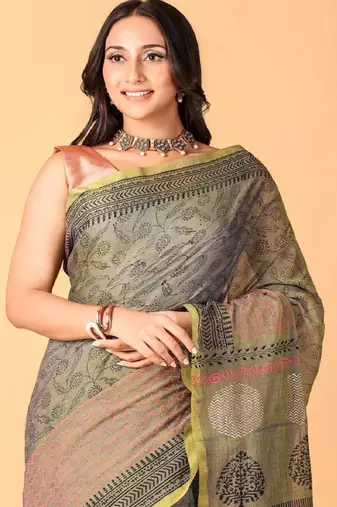Grey handblock printed saree with blouse
