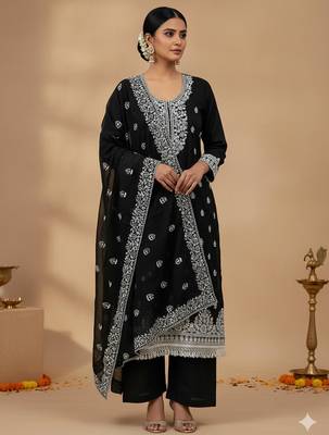 Black chanderi embroidered kurta set 1
