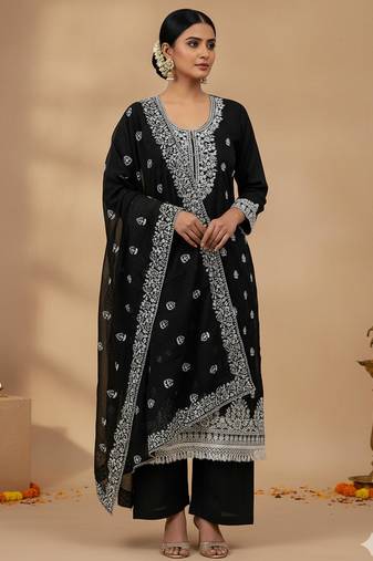 Black chanderi embroidered kurta set