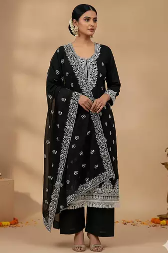 Black chanderi embroidered kurta set