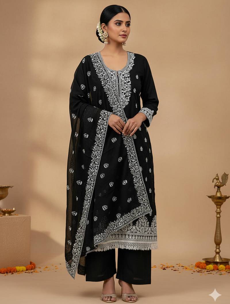Black chanderi embroidered kurta set