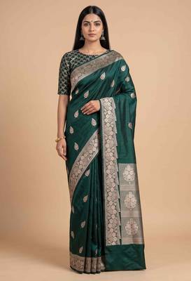 Bottle green semi kataan silk banarasi saree with beautiful floral booti zari work 1