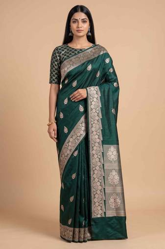 Bottle green semi kataan silk banarasi saree with beautiful floral booti zari work