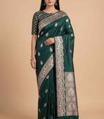 Bottle green semi kataan silk banarasi saree with beautiful floral booti zari work