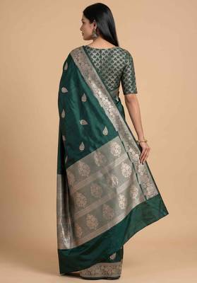 Bottle green semi kataan silk banarasi saree with beautiful floral booti zari work 2