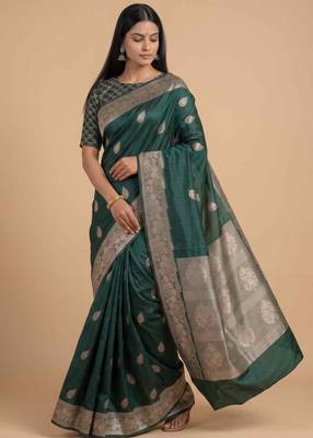 Bottle green semi kataan silk banarasi saree with beautiful floral booti zari work 3