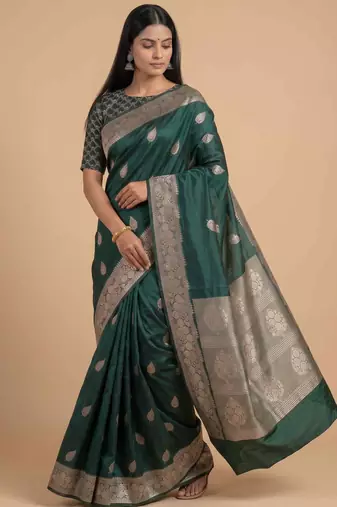 Bottle green semi kataan silk banarasi saree with beautiful floral booti zari work