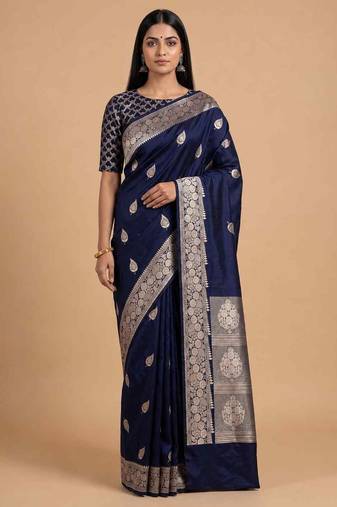 Navy blue semi kataan silk banarasi saree with beautiful floral booti zari work